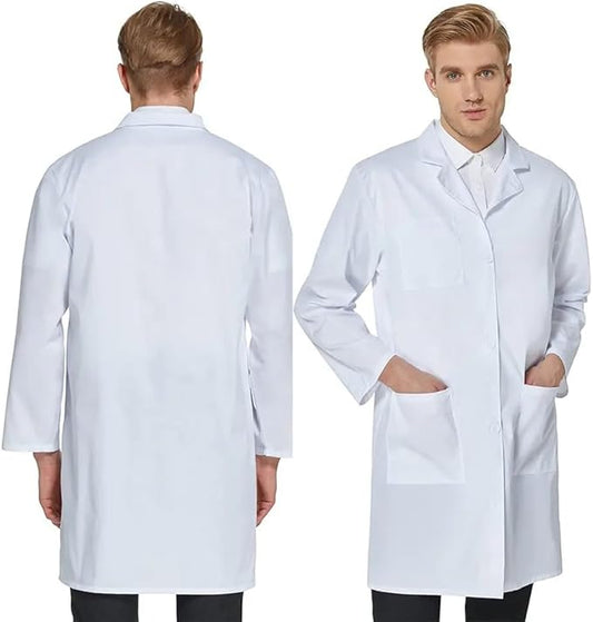 Camice Bianco da Laboratorio 100% Cotone Antiacido con Bottoni a Clip - Unisex per Medici, Farmacisti, Dentisti, Laboratori Chimici - Uomo Donna