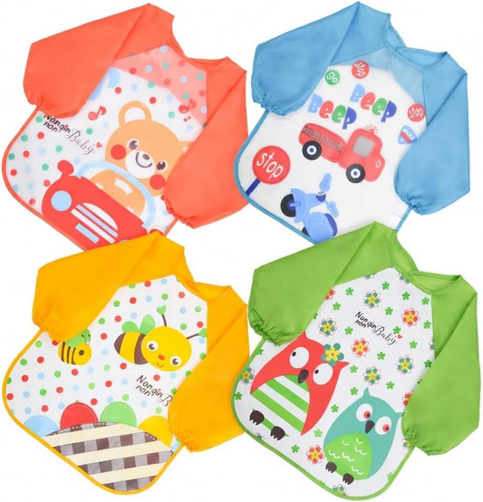 Bavaglino con Maniche Impermeabile Bambini – Set 4 Pezzi | Bavaglini Pappa Neonato Svezzamento | Bavette Impermeabili con Polsini Elastici | 6-36 Mesi – Nangin Baby
