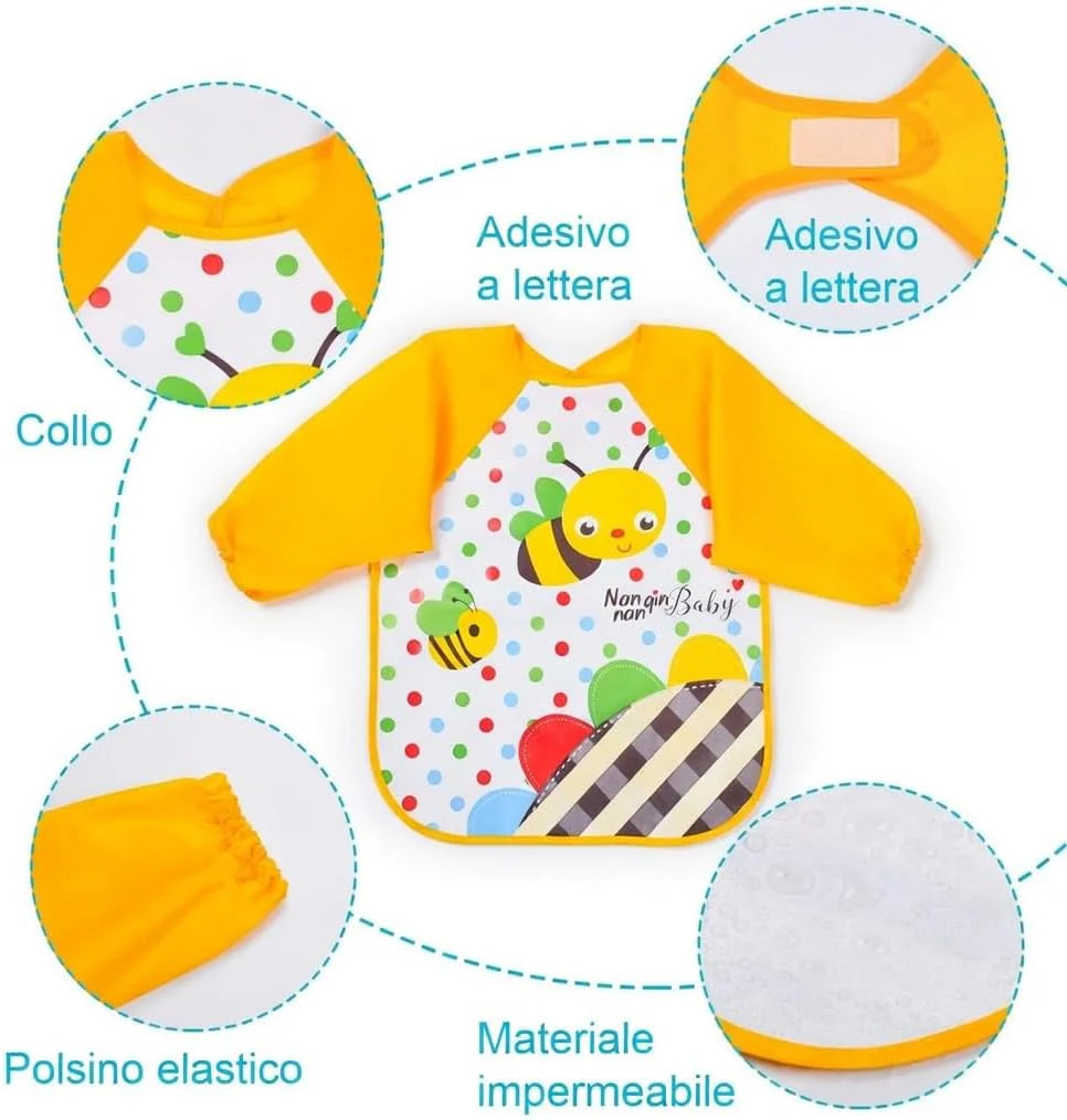 Set 4 Bavaglini con Maniche Impermeabili – Protezione per Pappa e Svezzamento, 6-36 Mesi – Nangin Baby