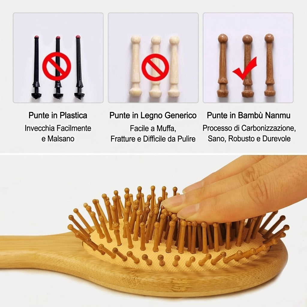 Spazzola per Capelli in Legno di Bambù Antistatica, Districante con Cuscinetto Massaggiante
