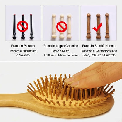 Spazzola per Capelli in Legno di Bambù Antistatica, Districante con Cuscinetto Massaggiante